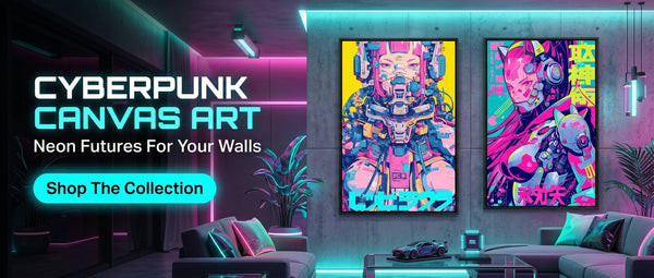 Neon cyberpunk art posters in a modern room with furniture.
