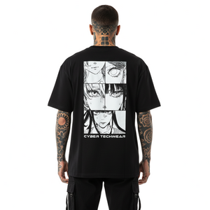 Person wearing a black t-shirt with anime-style graphics on the back, featuring the brand 'Cyber Techwear'.