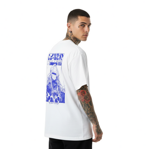 Man wearing a white t-shirt with a blue graphic on the back, standing against a white background