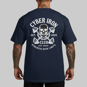 Navy blue t-shirt with 'Cyber Iron Club' design on the back, worn by a person with tattoos.