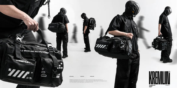 People carrying black duffel bags with visible branding on a white background