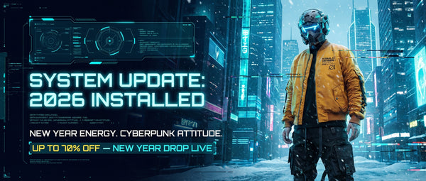 Person in futuristic outfit with cyberpunk elements and digital text overlay.