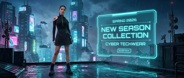 Person in futuristic outfit with neon sign for 'New Season Collection' in a cityscape.