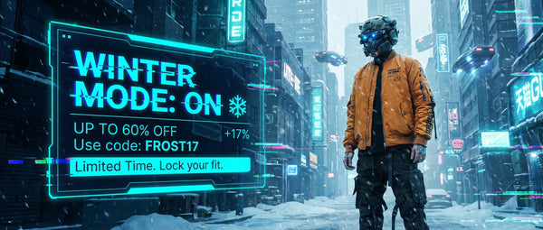 Person wearing a futuristic helmet in a snowy cityscape with digital ads.