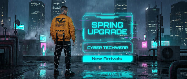 Person wearing a futuristic jacket with 'Spring Upgrade' advertisement in a neon-lit cityscape.