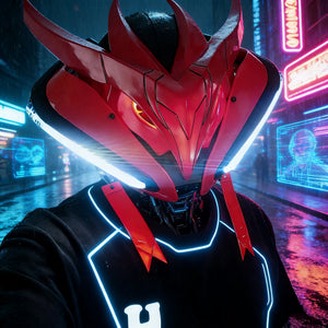 Person wearing a futuristic red helmet with neon lights in a sci-fi setting