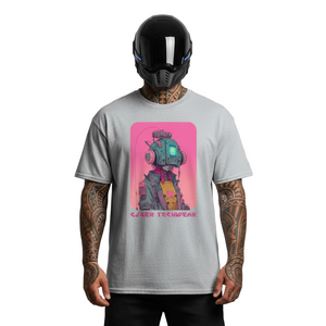 Person wearing a gray t-shirt with a robot graphic and helmet on a gray background