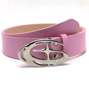 Pink belt with a silver buckle on a white background