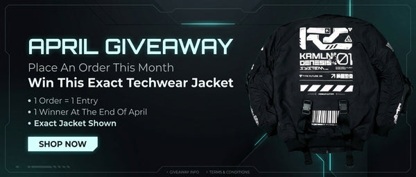 Promotional banner for an April giveaway with a techwear jacket on a dark background.