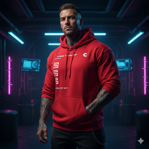 Man wearing a red hoodie with text in a futuristic setting
