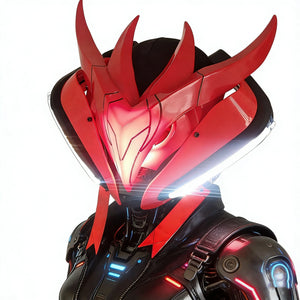 Red and black futuristic helmet with glowing elements on a white background