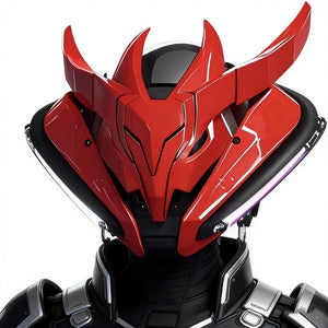 Red and black helmet with futuristic design on a white background