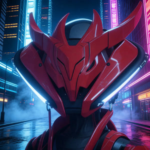 Red robot helmet with futuristic cityscape in the background