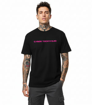 Man wearing a black t-shirt with 'CYBER TECHWEAR' text in pink on a white background