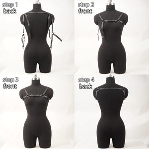 Goth Leather Chest Harness Chain — women's black faux-leather goth chain accessory