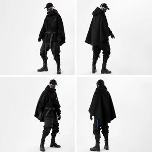 Person wearing a black outfit with a hood and gloves, standing in different poses on a white background.