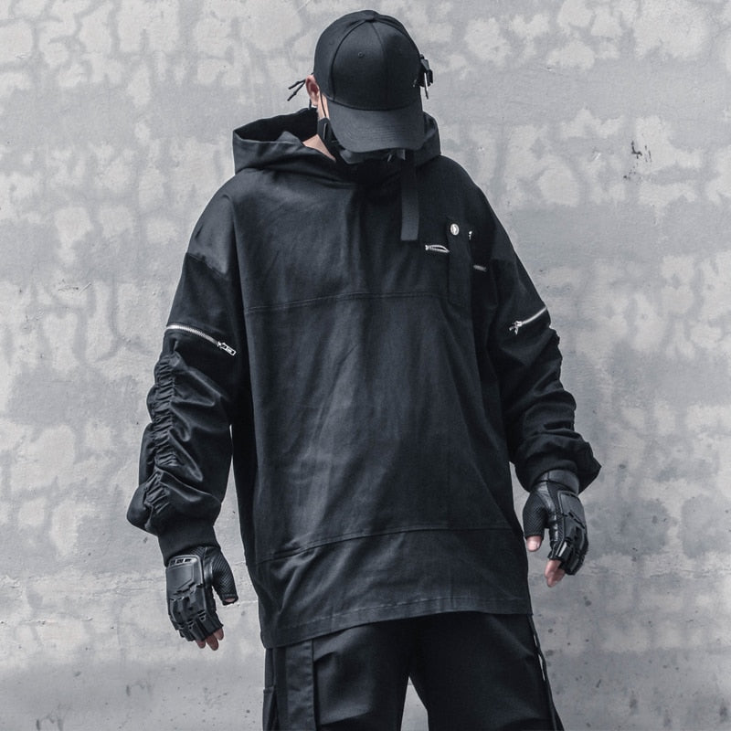 Black Techwear Functional Hoodie: Dark Punk & Zipper Trend Design 