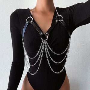 Goth Leather suspender Waist Harness Chain — women's black faux-leather goth chain accessory