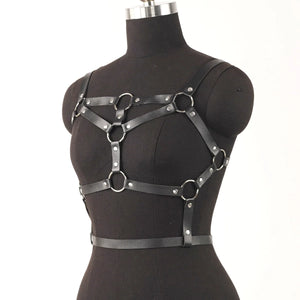 Goth Leather hollow Cage Harness — women's black faux-leather goth harness accessory