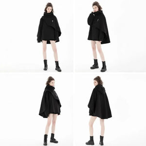 Black poncho worn by a person from different angles on a white background