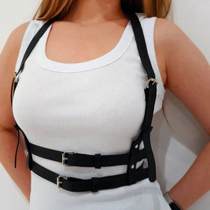 Goth Leather Waist Wide Harness — women's black faux-leather goth harness accessory