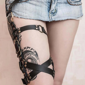 Steampunk PU Leather Thigh Garter — women's black faux-leather goth garter accessory