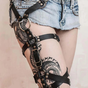Steampunk PU Leather Thigh Garter — women's black faux-leather goth garter accessory