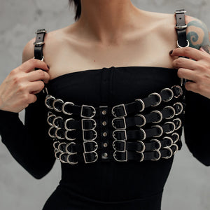Goth Leather Waist Corset Harness — women's black faux-leather goth harness accessory
