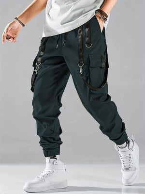Techwear flap cargo pants in dark green, product view