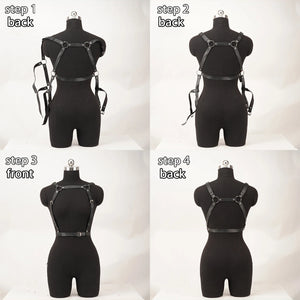Goth Leather Chest Harness Chain — women's black faux-leather goth chain accessory
