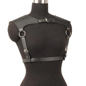 Punk Leather Chest Harness — women's black faux-leather goth harness accessory