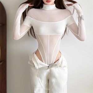 Transparenter Patchwork-Mesh-Bodysuit