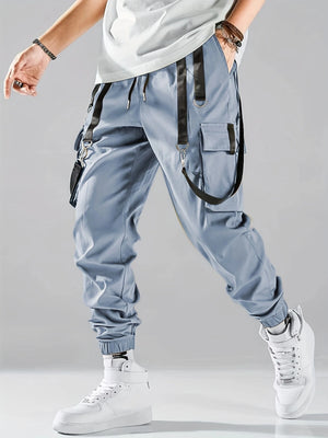 Techwear flap cargo pants in sky blue, product view