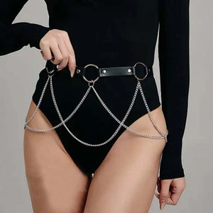 Goth Leather Chain Harness — women's black faux-leather goth harness accessory
