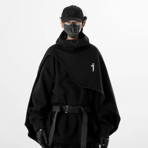 Person wearing a black outfit with a hood and mask on a white background