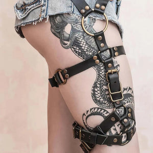 Steampunk PU Leather Thigh Garter — women's black faux-leather goth garter accessory