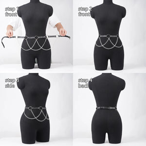 Goth Leather Chain Harness — women's black faux-leather goth harness accessory