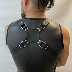 Steampunk Leather Chest Harness — women's black faux-leather goth harness accessory