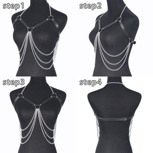 Goth Leather suspender Waist Harness Chain — women's black faux-leather goth chain accessory