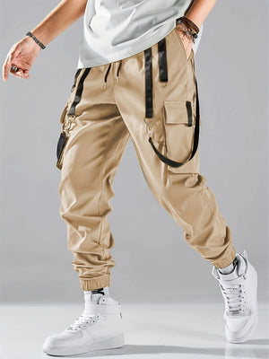 Techwear flap cargo pants in khaki, product view