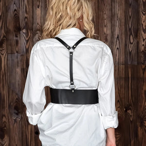 Goth Leather Waist Corset Body Chain — women's black faux-leather goth chain accessory