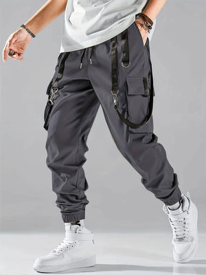 Techwear flap cargo pants in dark grey, product view