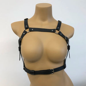 Goth Leather Chest Harness Chain — women's black faux-leather goth chain accessory