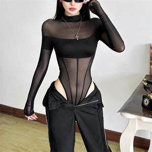Transparenter Patchwork-Mesh-Bodysuit
