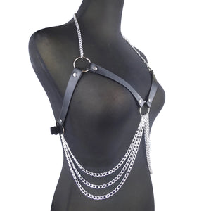 Goth Leather suspender Waist Harness Chain — women's black faux-leather goth chain accessory