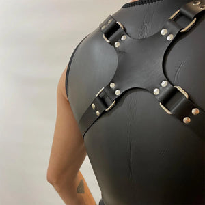 Steampunk Leather Chest Harness — women's black faux-leather goth harness accessory
