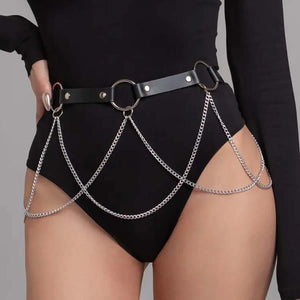 Goth Leather Chain Harness — women's black faux-leather goth harness accessory