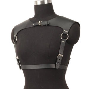 Punk Leather Chest Harness — women's black faux-leather goth harness accessory