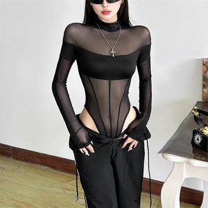 Transparenter Patchwork-Mesh-Bodysuit