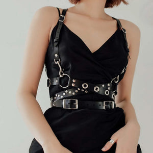 Goth Leather Chest Harness — women's black faux-leather goth harness accessory